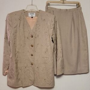 Vtg Embellished Kasper 2 Piece Long Sleeved Suit Skirt Tan Embroidery Beads 12P